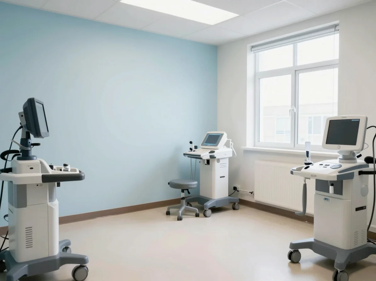 Clean consultation room with professional primary care equipment, soft diffused natural daylight, eye-level wide shot