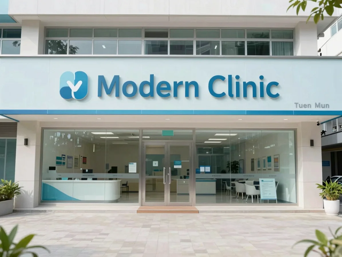Modern clinic exterior in Tuen Mun, bright diffused daylight, clean composition, eye-level medium shot