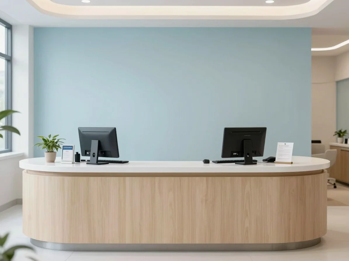 Welcoming reception desk in a modern clinic, soft blue and neutral tones, crisp eye-level focus
